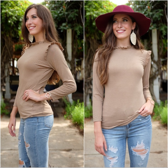 ✨LAST ONE✨Tan Ribbed Knit Ruffle Top - Picture 4 of 4